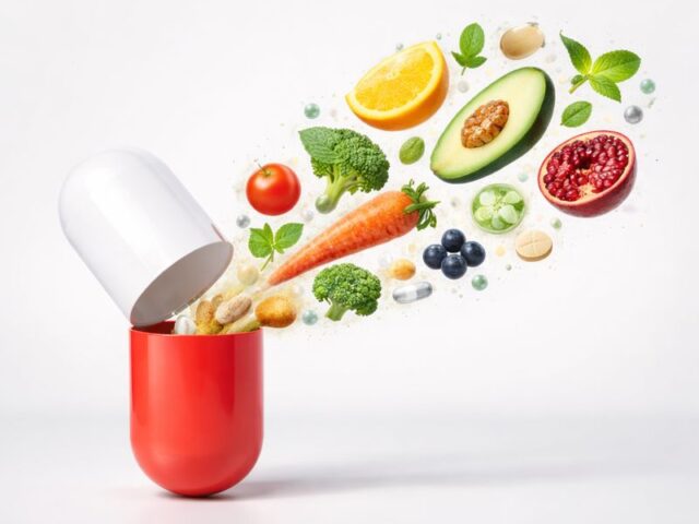 Uma cápsula que revela o poder do nutracêutico: a união entre ciência e natureza. A imagem simboliza como ingredientes naturais — frutas, vegetais e ativos essenciais — se transformam em soluções concentradas para cuidar do corpo de dentro para fora, promovendo equilíbrio, saúde e bem-estar de forma inteligente e consciente.