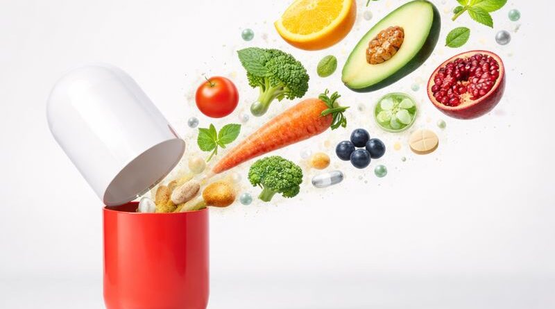 Uma cápsula que revela o poder do nutracêutico: a união entre ciência e natureza. A imagem simboliza como ingredientes naturais — frutas, vegetais e ativos essenciais — se transformam em soluções concentradas para cuidar do corpo de dentro para fora, promovendo equilíbrio, saúde e bem-estar de forma inteligente e consciente.