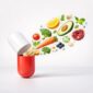 Uma cápsula que revela o poder do nutracêutico: a união entre ciência e natureza. A imagem simboliza como ingredientes naturais — frutas, vegetais e ativos essenciais — se transformam em soluções concentradas para cuidar do corpo de dentro para fora, promovendo equilíbrio, saúde e bem-estar de forma inteligente e consciente.