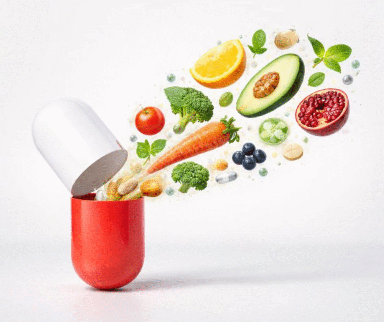 Cápsula de nutracêutico aberta com folhas verdes e partículas naturais, simbolizando suplemento natural, saúde, bem-estar e a união entre natureza e ciência.