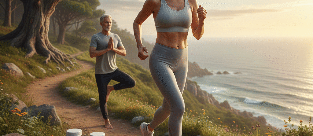 Mulher de 40 anos ou mais correndo ao ar livre com vitalidade, representando o conceito de longevidade ativa e saúde.