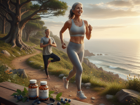 Mulher de 40 anos ou mais correndo ao ar livre com vitalidade, representando o conceito de longevidade ativa e saúde.